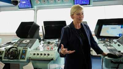 U.S. Energy Secretary Jennifer Granholm speaks during an interview with The Associated Press after touring a liquefied hydrogen carrier at a pier in Otaru, northern Japan, Friday, April 14, 2023. G-7 energy and environment ministers are meeting on the northern Japanese island of Hokkaido ahead of a summit next month.